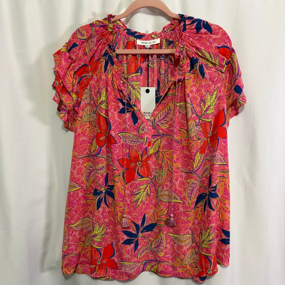 Rose + Olive Women 2X Pink Tropical Floral Ruffle Sleeve Tassel Tie Blouse NEW